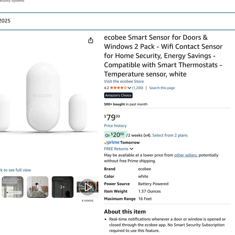 2-Pack, New! Ecobee Smart Sensor for Doors & Windows - White